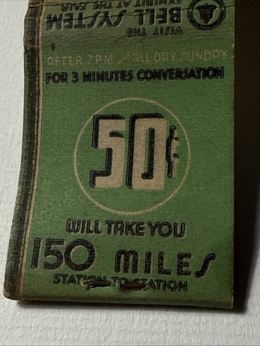 Bell Telephone Systems 1939 Feria Mundial Exposición De Colección Matchbook NY Larga Distancia - Imagen 6 de 12