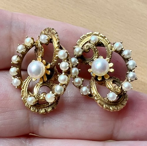 ANTIQUE 14K GOLD  NATURAL SALT WATER PEARL LARGE EARRINGS UNIQUE ONE OF A KIND - Picture 15 of 24