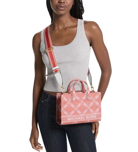 45” Michael Kors Gold White Spiced Coral Canvas Handbag Shoulder Crossbody Strap - Picture 10 of 10
