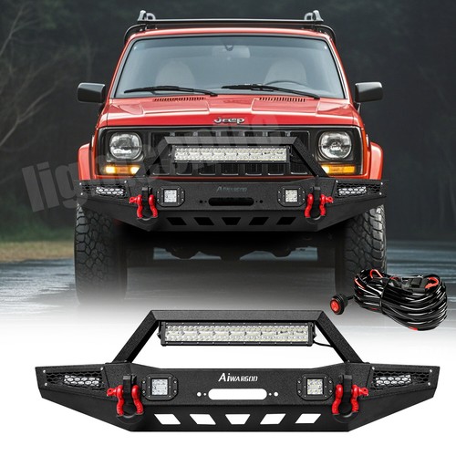 For 1983-2001 Jeep Cherokee XJ Steel Front Bumper w/ Winch Plate & LEDs & D-Ring - Picture 1 of 14
