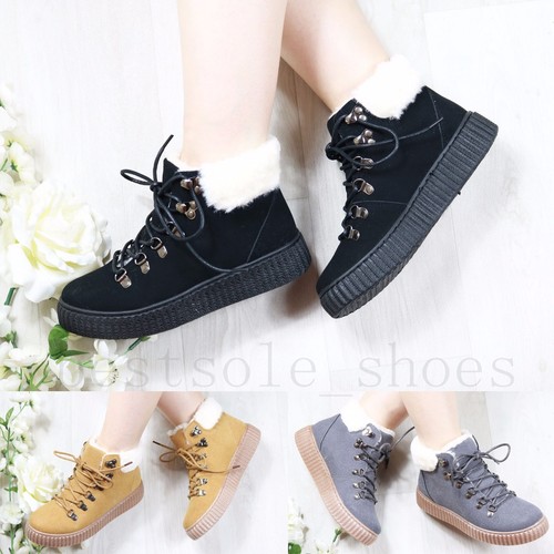 LADIES WOMENS LACE UP FUR LINED ANKLE BOOTS FLAT PLATFORM TRAINNERS SHOES SIZE - Picture 1 of 13