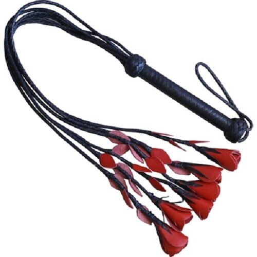 Black and Red Leather Rose Tipped Flogger | Bondage Discipline Whip - Picture 1 of 1
