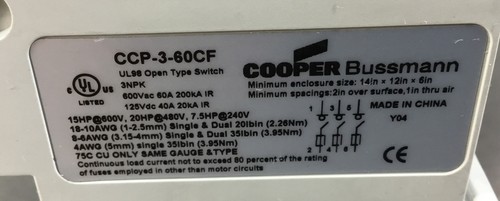 EATON CORPORATION CCP-3-60CF Switch 60A 600VAC 3 Pole Loc.4A-4 - Picture 2 of 5