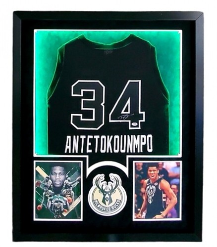 GIANNIS ANTETOKOUNMPO Signed & Framed Milwaukee Bucks Jersey w/ LED Lights (PSA)