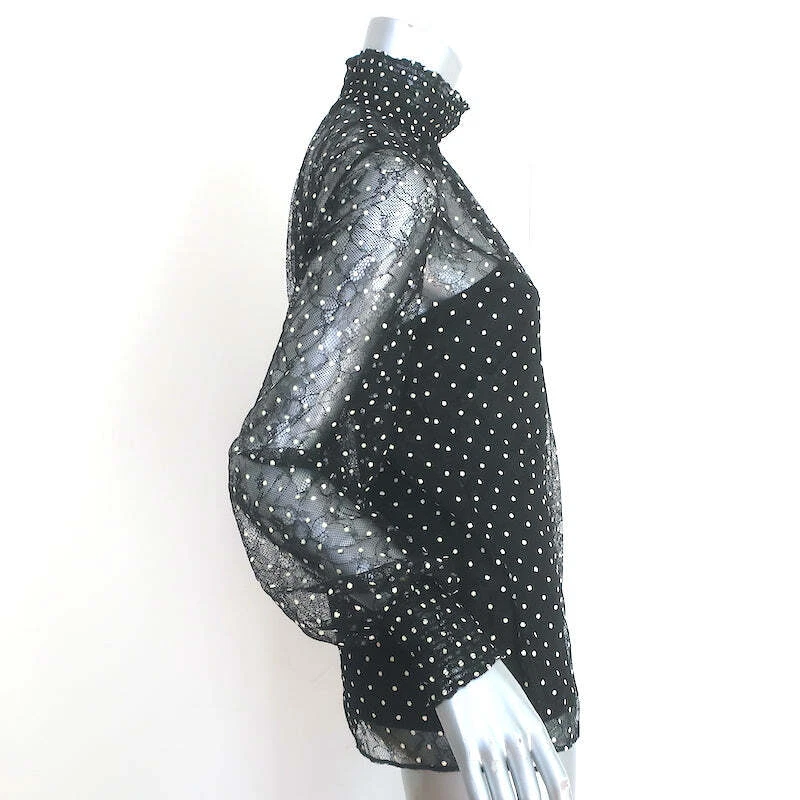 Blusa Akris Punto Lunares Encaje Negra Talla 4 Manga Larga Cuello Alto Top Foto 3 de 4