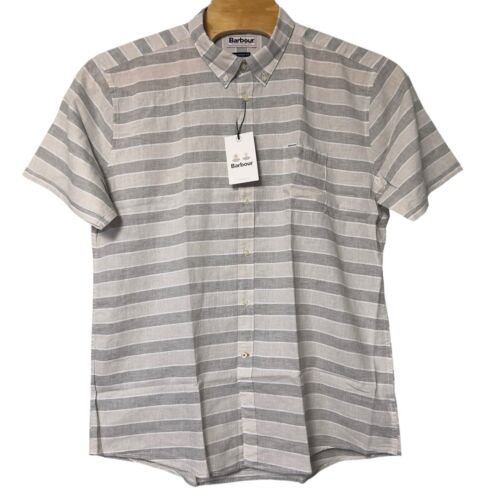 Barbour Somerby Tailored Linen Blend Olive Stripe XXL Short Sleeve Shirt Pocket