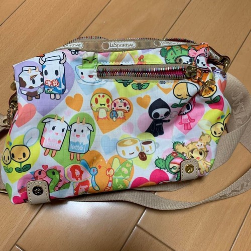 LeSportsac Tokidoki Mini Hand Bag Pouch Womens Heart Beige Pink Logo from Japan - Picture 2 of 13