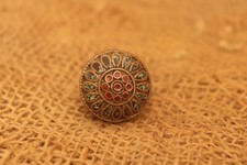 Antique Copper Ring Engraved With Flowers Green & Red Stones, Silver Plated Ring