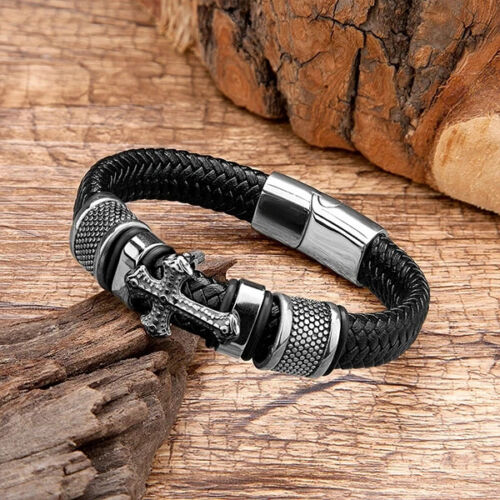 Men's Stainless Steel Cross Leather Braided Bracelet Magnetic Faithful Bangle - Picture 2 of 5
