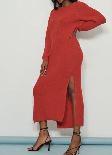 NWT NAKD Knitted Open Back Wide Sleeve Slit Dress Red Women's Size Small/Medium - Picture 2 of 12