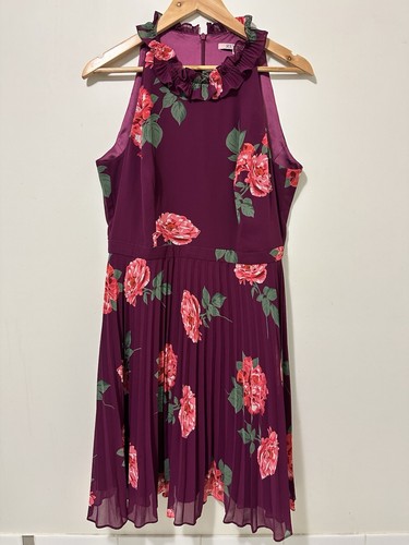 Review Womens Dress 14 Mulberry Rose Print High Ruffle Neck Pleated Full Skirt