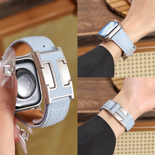 Apple Watch S10 H-Boucle Magnétique 41mm 46mm Bracelet Sport Litchi Cuir - Photo 4 sur 21