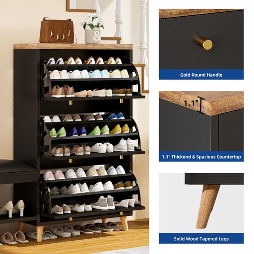 Black Modern Shoe Cabinet with 3 Flip Drawers Shoe Bench for Entryway Hallway - Picture 7 of 9