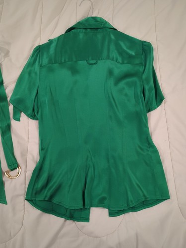 Bebe Silk Blouse Belted Short Sleeves W/ Pockets Sz XS - Picture 7 of 9