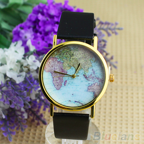 3 COLORS WOMEN VINTAGE WORLD MAP WATCH LEATHER ANALOG QUARTZ WRIST WATCH BC3K - Picture 2 of 4