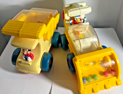 1980's Vintage Mickey Mouse and Donald Duck Dump Trucks Roll w/Bounce up Balls