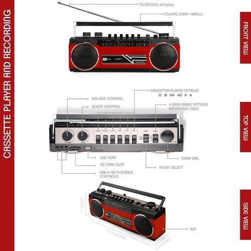 Riptunes Retro AM/FM/SW Radio + Kassette Ghettoblaster mit Bluetooth und USB/SD-Karte - Bild 10 von 11