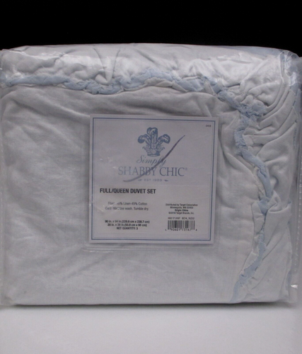Simply Shabby Chic White/Blue Linen/Cotton Raw Edge Ruffled Duvet Set-Full/Queen
