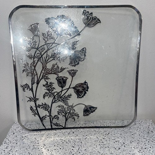 Vintage Silber City Sterling auf Kristallglas Mohnblume Serviertablett - Bild 1 von 8