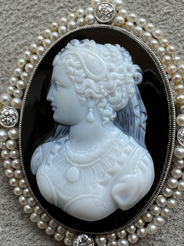 Fine Antique Hardstone Cameo Pendant / Brooch - 14k w/ Diamonds & Pearls - 第 6/17 張圖片