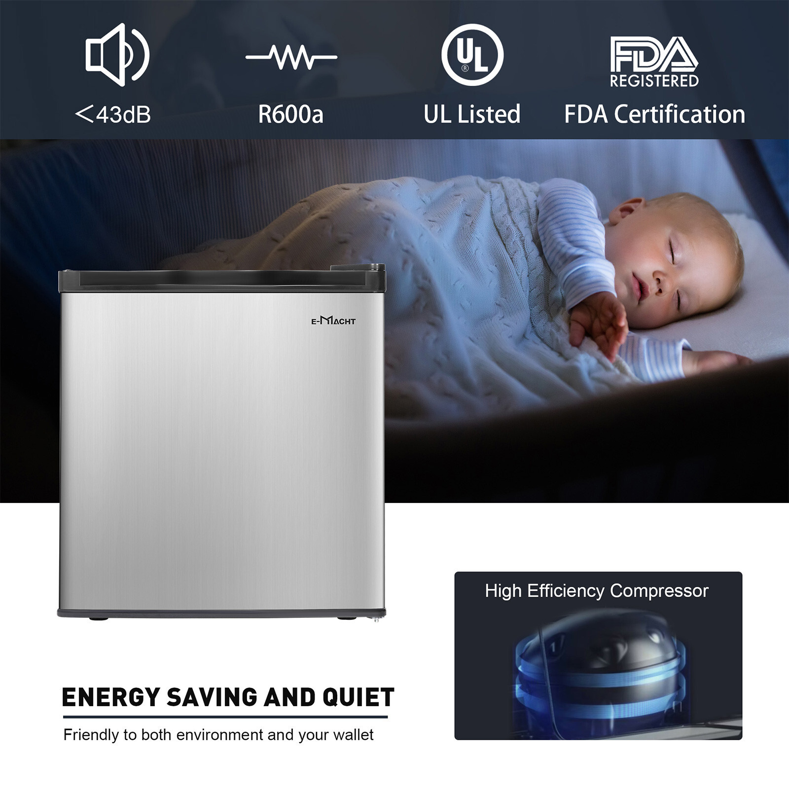 EMacht Single Door Mini Compact Refrigerator 1.6 Cu.Ft. Stainless