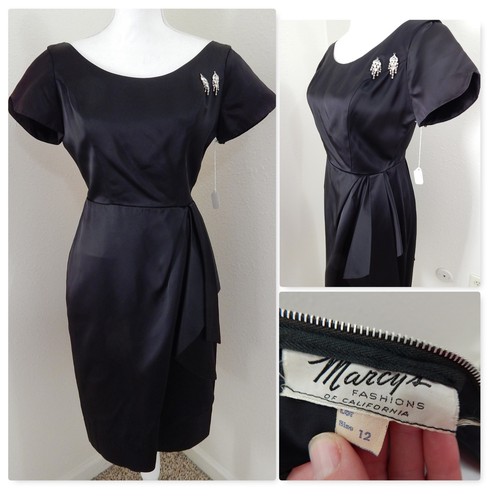 1940 True Vintage Dress~Jet Black Satin Draped Eve