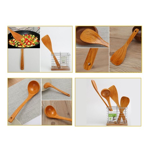 4 Pc Wooden Spoon Spatula Bamboo Set Kitchen Utensil Cooking Mix Non-Stick Tools - Picture 5 of 11