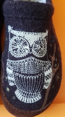 Eichel Eule 🦉Hausschuhe Wald Pantolette schokobraun 100% Wolle bestickt Gr. 8-9 - Bild 4 von 17