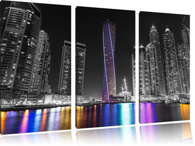 Skyline von Dubai bei Nacht 3-Teiler Leinwandbild Wanddeko Kunstdruck