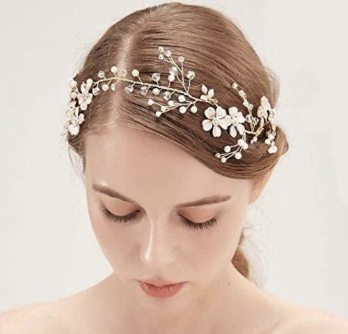 Fascia per capelli matrimonio cristallo perla pieghevole argento capelli sposa vite accessorio per capelli - Foto 5 di 6