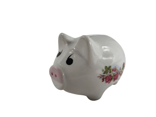 White Ceramic Piggy Bank w Pink Rose & Leaf Vine on Side 4" x 3" x 3" Vintage - Picture 3 of 9