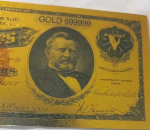 1875 american gold banknote US color paper money foil currency $5 GOLD Shiny - Picture 2 of 8