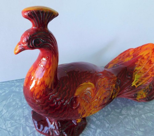 Maurice of California Pottery Large 18" Peacock Figurine Flame Yellow Red Orange - Picture 11 of 12