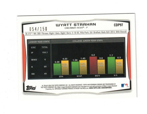 2014 BOWMAN CHROME WYATT STRAHAN #CDP97 ROOKIE GREEN REFRACTOR 054/150 REDS - Picture 2 of 2