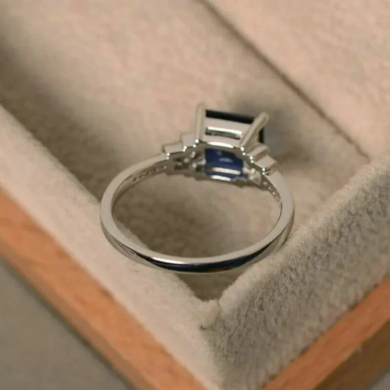 Fashion 925 Silver 14k White Gold Plated Ring Simulated Sapphire Engagement Ring - Image 2 of 4