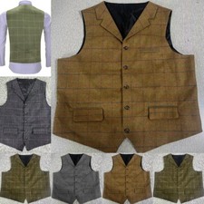 Mens Suit Waistcoat Tweed Vest Plaid Wedding Vintage Wool Hunting Windowpane 3XL