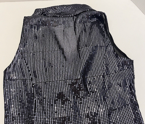 Top donna Ann Taylor Petite 00P nero paillettes senza maniche trasparente collo cappuccio cerniera - Foto 8 di 18