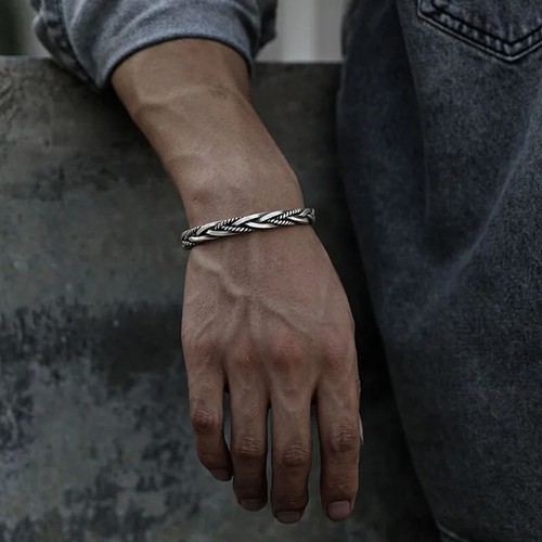 Men Vintage Open Bangle Twisted Cuff Sterling Silver 925 Bracelet Thai Handmade - Picture 10 of 20