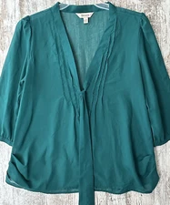 DECREE Women's Size XL Emerald Green Semi-Sheer Chiffon V-Neck Blouse