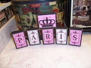 Small Pink Paris Decor Blocks Sign Crown Shabby French Chic Home