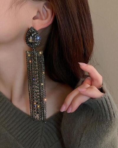 Evening Prom Wedding Extra Long Rhinestone Crystal Black Tassel Dangle Earrings - Picture 3 of 8