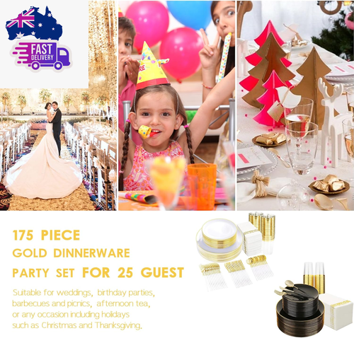 175PCS Gold Rim Dinnerware Set, Dinner Set Plates for Party Supplies Reusable, W - Picture 5 of 12