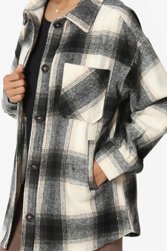 Women's Plaid Flannel Long Sleeve Chest Pocket Oversized Shirt Jacket Shacket - Picture 19 of 62
