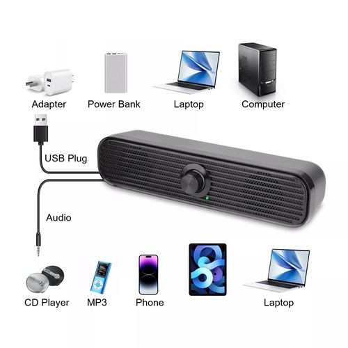 3.5mm Jack Wired Speakers Soundbar Stereo Bass Sound USB For Computer Tablet - Picture 10 of 15