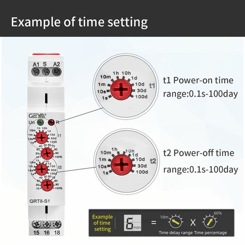 GEYA Asymmetric Cycle ON/OFF Timer Relay Switch 16A AC/DC12-240V Cycle Din Rail - Picture 8 of 16