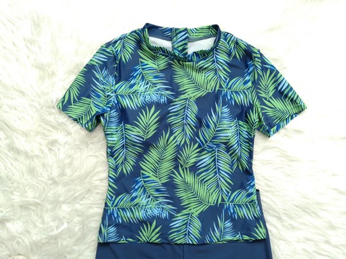 SHEIN BLUE GREEN TROPICAL Tankini Set Short Sleeve High Neck TEE LEGGINGS L - Picture 3 of 13