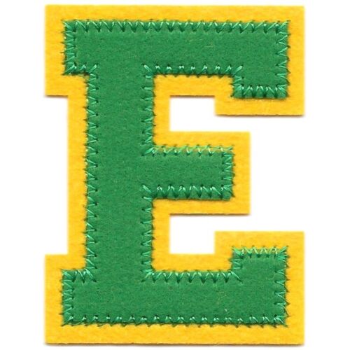 Parche de fieltro con letra E de oro verde corte universitario hierro para coser (2 1/2 pulgadas)