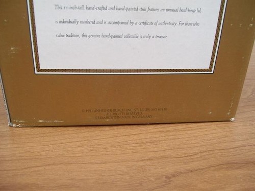 ANHEUSER BUSCH BUDWEISER *BEVO FOX* STEIN 1991 GERMANY NIB WITH COA. - Picture 16 of 17