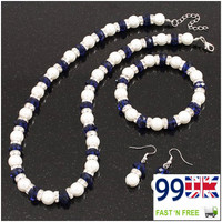 Diamante Ring Necklace Set - White & Royal Blue Imitation Pearl Bead Jewelry Set Diamante Ring Necklace Set - White & Royal Blue Imitation Pearl Bead Jewelry Set