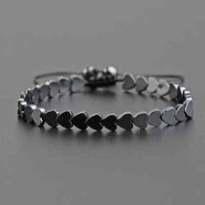 Men's Unisex Hematite Adjustable Bracelet Black Nickel, Silver, Heart Shaped